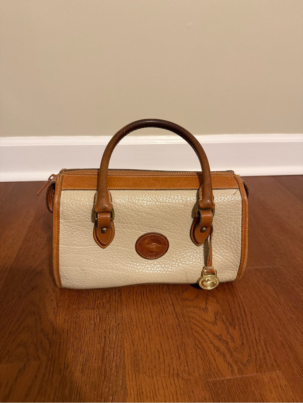 Vintage Dooney & Bourke AWL Barrel Satchel Bag Bone British Tan Leather USA